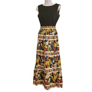Joan Curtis Vintage Maxi Dress Bright Floral Print Garden Party 70s