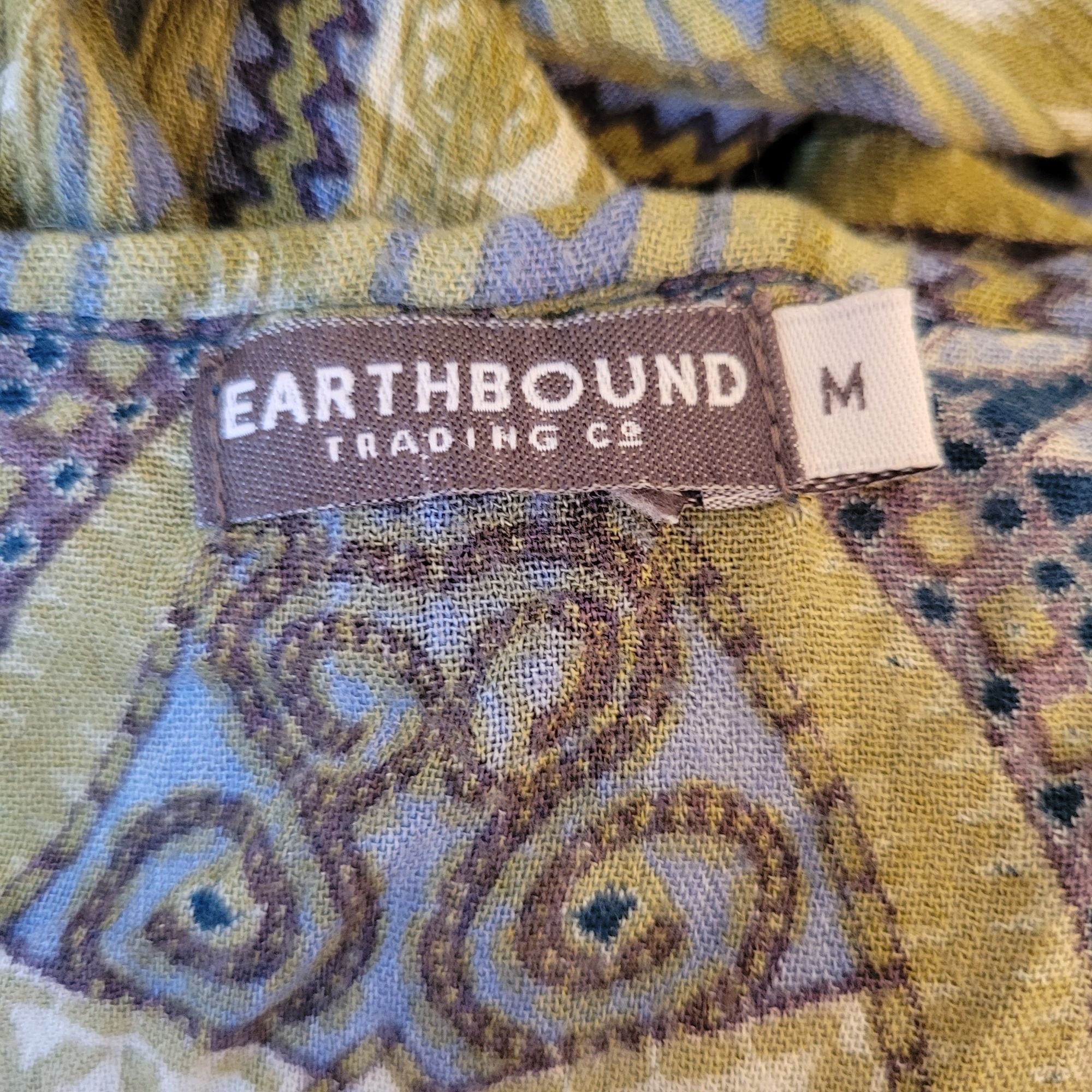 Earthbound Trading Boho Maxi Dress Ethnic Print Flared Sleeves M Blue Green
