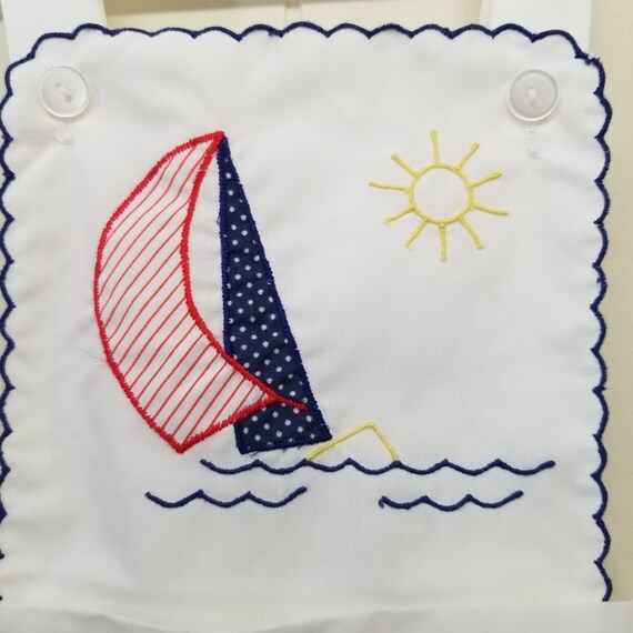 White Sailboat Romper Shortalls Embroidered Vintage 24M View 3