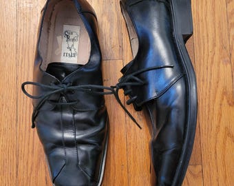 San Remo Italy Black Leather Square Toe Lace Up Dress Shoes 9 Twee Academia