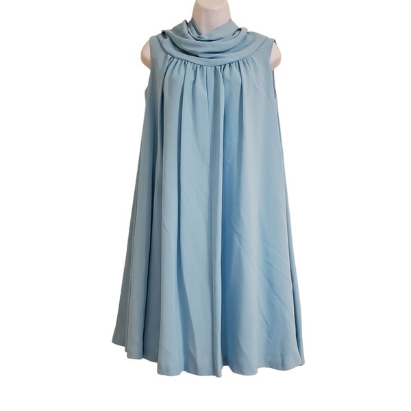 Vintage 9 10 Powder Blue Swing Tent Dress Button Up Back Cowl Neck Cosplay Costume Party