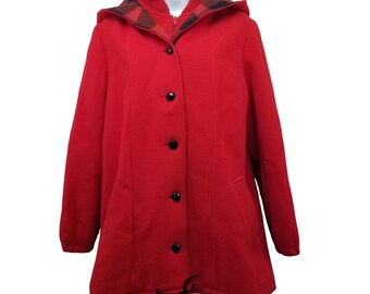 Red Wool Vest Coat Vintage Plaid Hood 