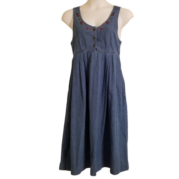 Homeschool Mom 8P Blue Jean Jumper Dress Rose Embroidery Pockets Empire Waist