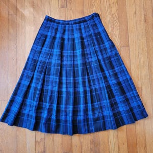 May include: A blue and black plaid pleated skirt. The skirt is knee-length and has a fitted waist.