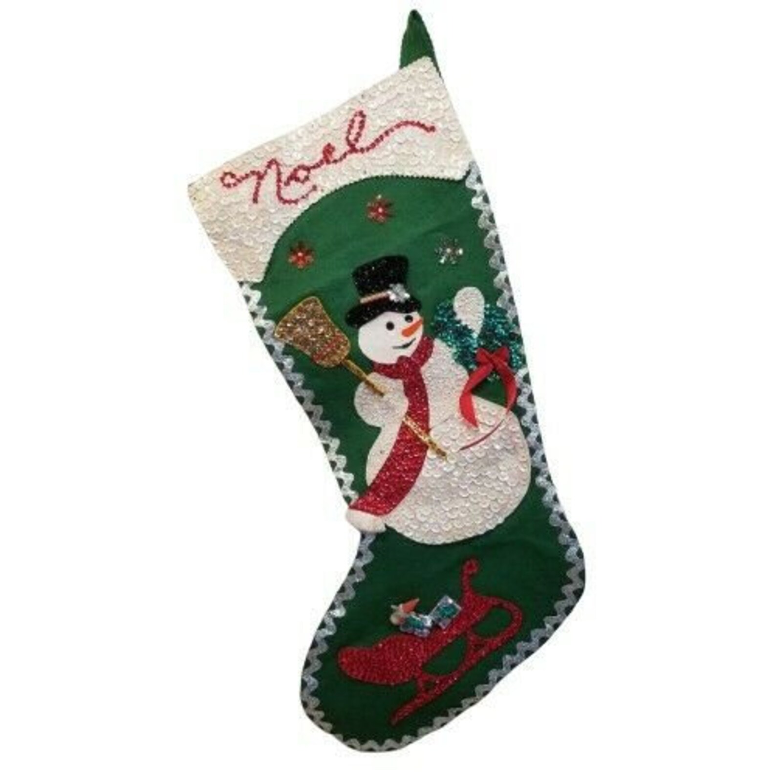 Embellished Felt Christmas Stocking Noel Green Snowman Sequins Etsy