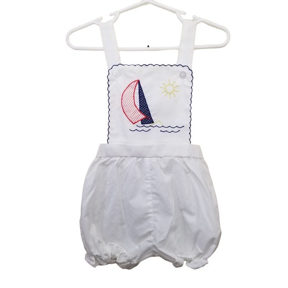White Sailboat Romper Shortalls Embroidered Vintage 24M