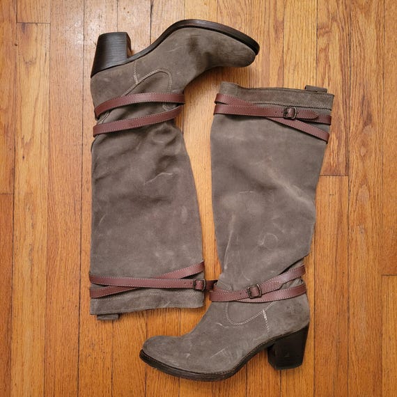 FRYE Oiled Fatigue Suede Leather Buckle Strap Tall Boots 10B JANE Boho Western