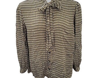 Blusa de seda Peter Nygard 22 Estampado geométrico Manga larga Cuello con botones y pajarita