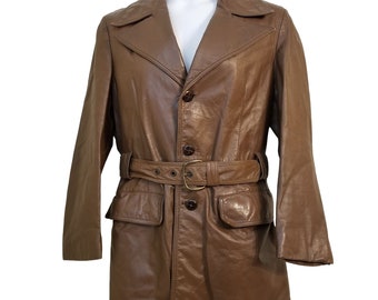 Lakeland 38 Leather USA Made Brown Trench Coat Belted Boho Mod Lined