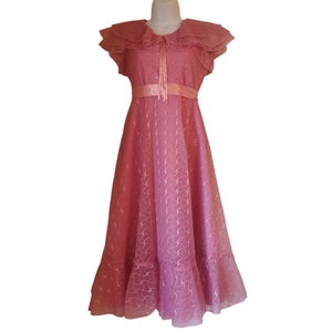 JC Penney 10 Pink Embroidered Vintage Prom Ruffles Bow Cosplay Sheer Overlay Chiffon 60s