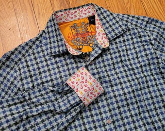 Robert Graham S Blue Houndstooth Dress Shirt Long Sleeve Preppy Twee Adademia