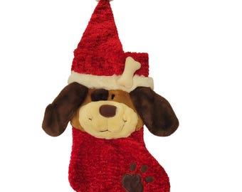 Dan Dee Vintage Kerstkous Rode Pluche Hond Puppy Bot Kerstmuts Piepspeeltje