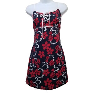 Toes on the Nose Red Blue Floral Hawaiian 90s Y2K Spaghetti Strap Dress Corset Lace Up Medium