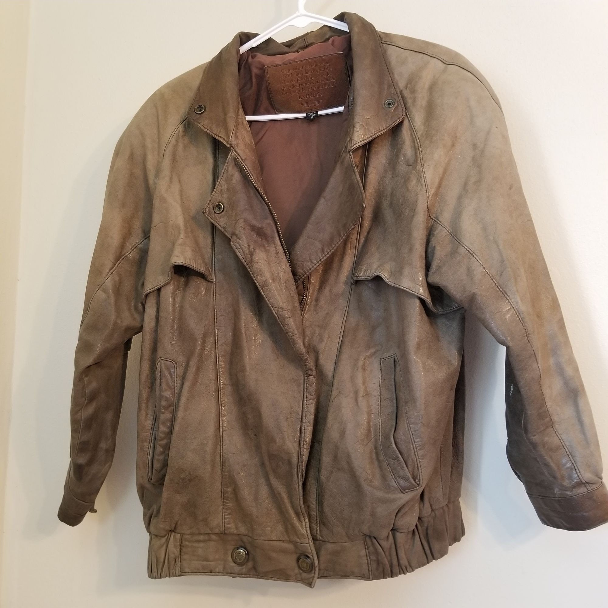 Express S Brown Leather Bomber Jacket Vintage Ranch Barn Chore