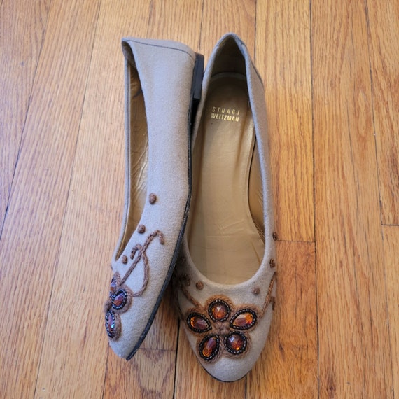 Stuart Weitzman 8W Tan Brown Fabric Embroidered Be