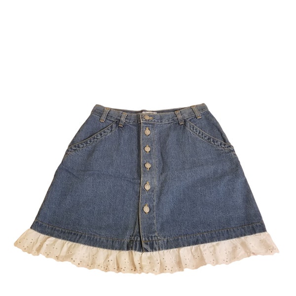 Sostanza 11 Blue Jean Denim Skirt Lace Trim Knee Length Vintage High Waisted
