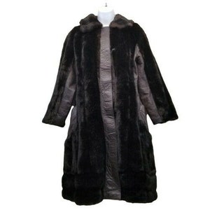 One World Vintage Brown Faux Fur Coat Leather MEDIUM Full Length Trench Fitted