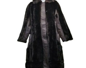 One World Vintage Brown Faux Fur Coat Leather MEDIUM Full Length Trench Fitted