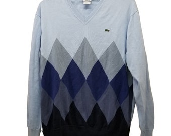 Lacoste 7 Pullover Sweater Knit V Neck Blue Argyle Diamond 2XL
