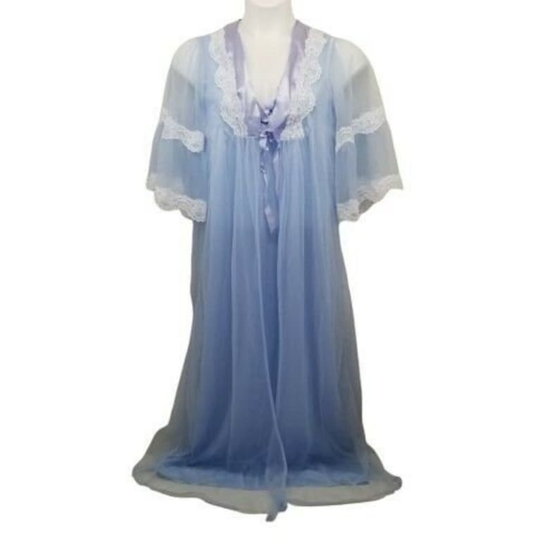 Rikki M Blue Nightgown Robe Lingerie Sheer Lacy Lace Vintage 2 - Etsy