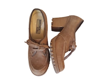 Vintage 90s Y2k Skechers Bratz Brown Oiled Leather Chunky 