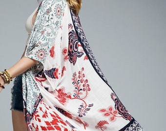 Kimono, patchwork, Bohemian Kimono with Floral Prints Cover-up, beachwear, bohemian, summer, women, clothing, floral