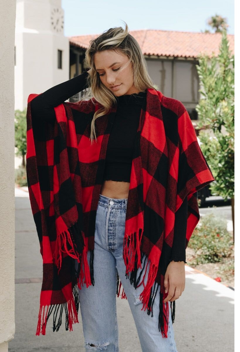 Poncho With Buffalo Checkers Woman's Poncho Black Red - Etsy