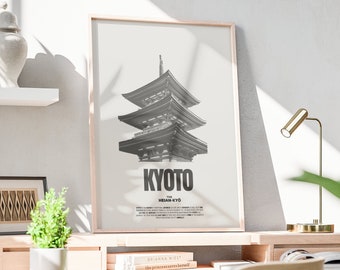 May include: A wooden desk with a chair, a lamp, and a framed print of a pagoda with the word "KYOTO" in black text. The print is on a white background. There are books and a vase on a shelf above the desk.