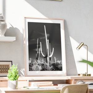 Schwarzweißer Kaktus Fotoposter, Minimalistische Wüstenpflanzen Wandkunst, Botanischer Druck, Kaktus Wandkunst für Wohnzimmer