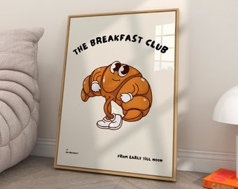 Breakfast Club-poster met Croissant-afbeelding | Keukendecor, retrokunst aan de muur, cadeau voor fijnproevers, kunstwerk bakkerijcafé, poster ontbijtliefhebber