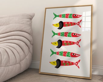 Colorful Sardines Poster, Fish Art Print, Coastal Wall Decor, Nautical Home Decor, Vibrant Marine Life Artwork, Beach House Decoration