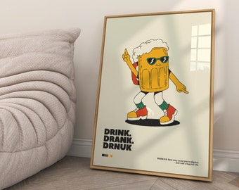 Retro Cartoon Beer Poster - Vintage Style Beer Wall Art for Bar, Pub, Man Cave, Kitchen, Dorm Room Decor - Funny Alcohol Print