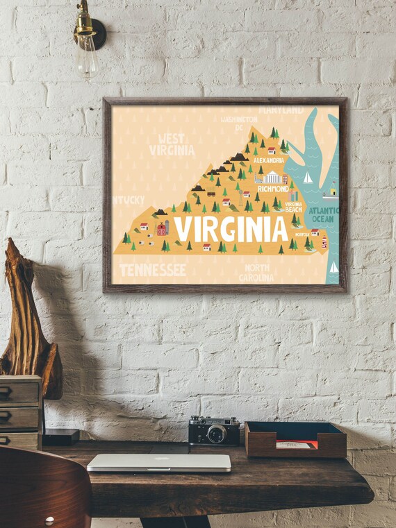 Virginia Map Print Virginia Wall Art Virginia State Map Of Etsy