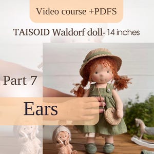 May include: A handmade Waldorf doll, approximately 14 inches tall, with red yarn hair styled in pigtails. The doll wears a green dress, a straw hat, and a small purse. The image includes text that reads "Video course + PDFs" and "TAISOID Waldorf doll - 14 inches."