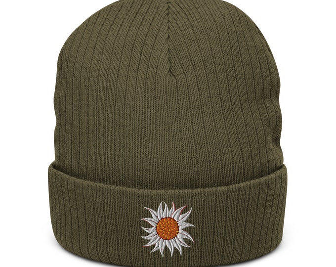 Ribbed Knit Flower Power Beanie