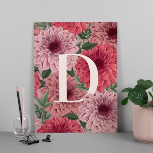 Impression d'art lettre Dahlia rouge, de A à Z, floral illustré, inspiré de la nature, cadeau pour la maison