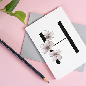 ブロッサムのイラスト入りレターカード、A-Z、誕生日、記念日、結婚披露宴