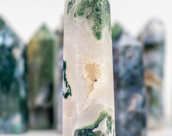Wonderful hand picked high quality Moss Agate Druzy Towers, Moss agate crystal points, gem towers, metaphysical gifts for her