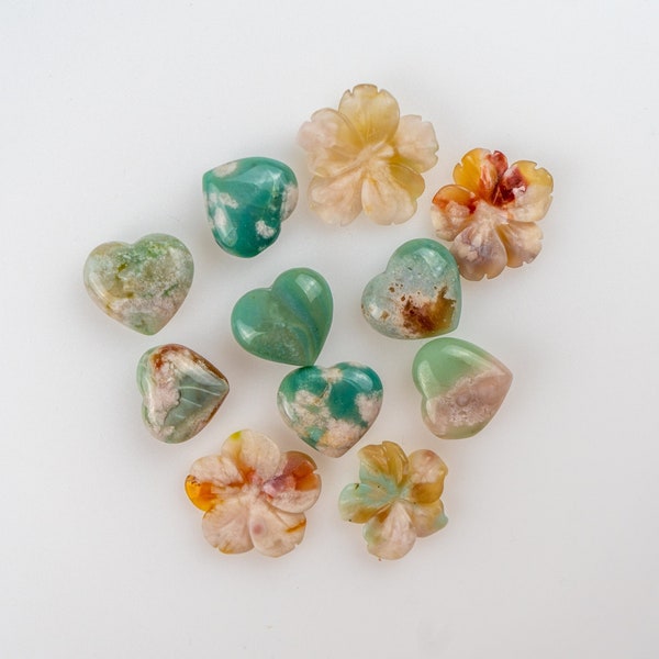 Gorgeous Green Cherry Blossom Agate Flower Agate carved Hearts/ Flowers, Carvings