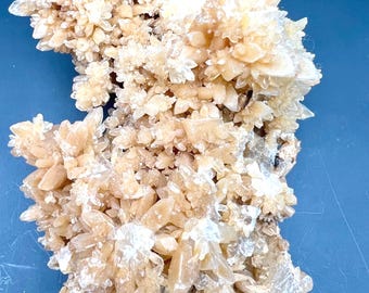 May include: A cluster of pale beige and translucent crystalline structures with sharp, pointed edges. The mineral formation features numerous small, jagged points radiating outward in a dense, irregular arrangement, creating a textured surface.