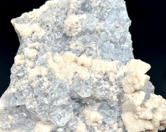 Blue cubic clear Fluorite Specimen, large cubic shape fluorite mineral with calcite