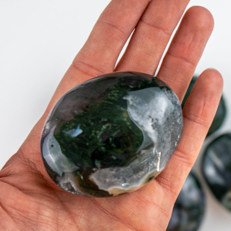 Pu&ograve; includere: Una pietra di agata muschiata lucidata, di forma ovale, tenuta in una mano. La pietra presenta un aspetto traslucido e vetroso con inclusioni verde scuro, bianche e chiare. L'agata &egrave; liscia e fresca al tatto.