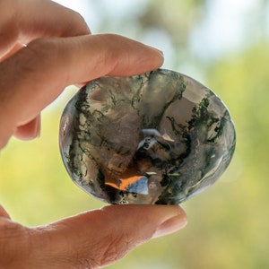 Pu&ograve; includere: Una pietra di agata muschiata lucidata, di forma ovale. La pietra, tenuta tra le dita, mostra la sua qualit&agrave; traslucida. L'agata presenta intricati motivi verdi, bianchi e grigi, che ricordano paesaggi naturali al suo interno.