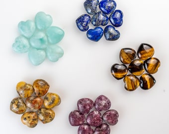 TOP Quality Crystal Small Hearts, Aquamarine, Tiger's Eye, Lepidolite, Lapis Lazuli, Crazy Lace Agate 3.5-4 cm,