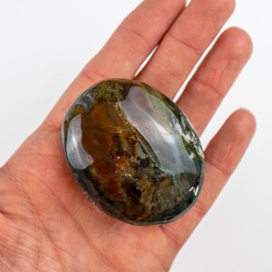 Pu&ograve; includere: Una pietra lucida di forma ovale, con una miscela di colori marrone, verde e bianco. La pietra ha una superficie liscia e lucida ed &egrave; tenuta in una mano aperta su sfondo bianco. I colori creano un aspetto naturale e terroso.