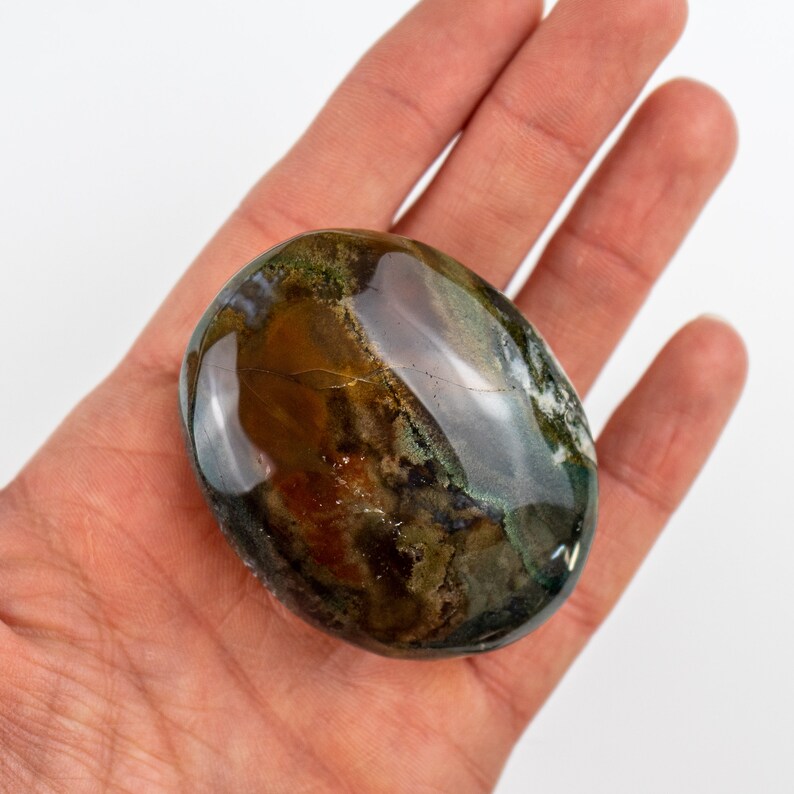 Pu&ograve; includere: Una pietra lucida di forma ovale, con una miscela di colori marrone, verde e bianco. La pietra ha una superficie liscia e lucida ed &egrave; tenuta in una mano aperta su sfondo bianco. I colori creano un aspetto naturale e terroso.