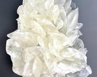Puede incluir: Un racimo de cristales de calcita translúcidos de color blanco roto con formaciones afiladas en forma de cuchilla. El espécimen mineral muestra una estructura geométrica en capas con diversos grados de claridad y una textura superficial cristalina y reflectante.