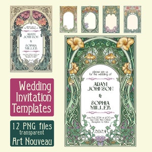 12 Weddings invitation templates frames Art Nouveau - digital illustration, vintage cover, PNG, instant download, vintage card transparent