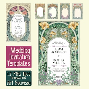 12 plantillas de invitación de boda con marcos Art Nouveau - ilustración digital, portada vintage, PNG, descarga instantánea, tarjeta vintage transparente