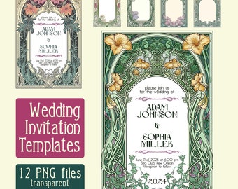 12 Weddings invitation templates frames Art Nouveau - digital illustration, vintage cover, PNG, instant download, vintage card transparent